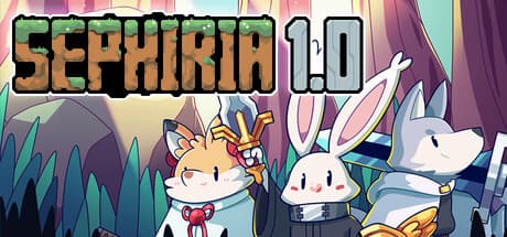 Official Sephiria 1.0 poster featuring the game logo and three rabbit adventurers